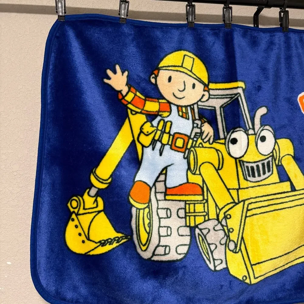 Vtg Y2K Bob the Builder Can we Fix it? plush toddler blanket - Blue digger 42x30